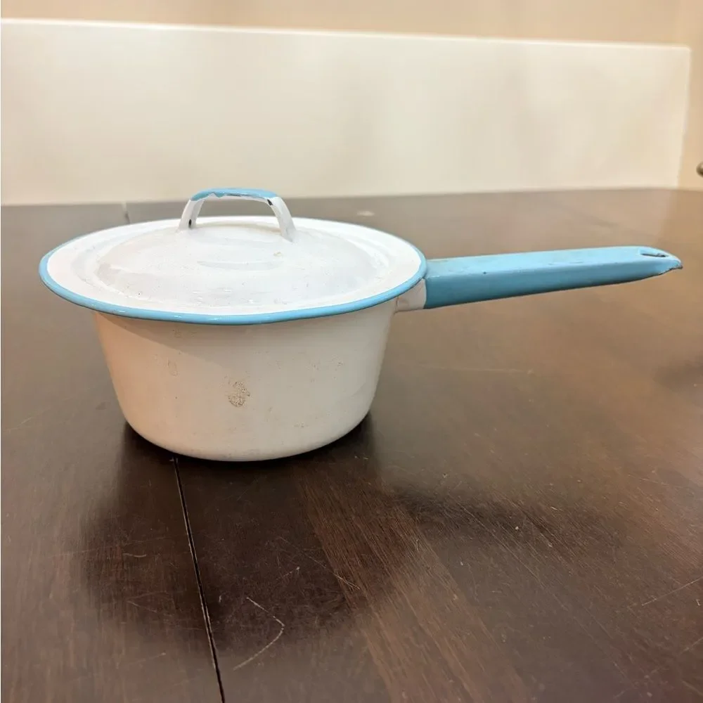White and Light Blue Enamel Saucepan with Lid
